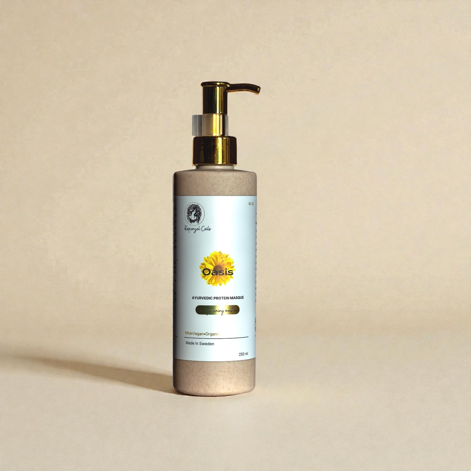 Oasis protein mask bottle by Rapunzel Coils, plant-based hair mask designed to strengthen and repair textured, curly and afro hair